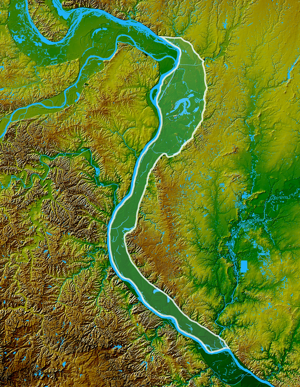A digital elevation model of the St. Louis region in the early 21st century. The American Bottom is outlined in white.